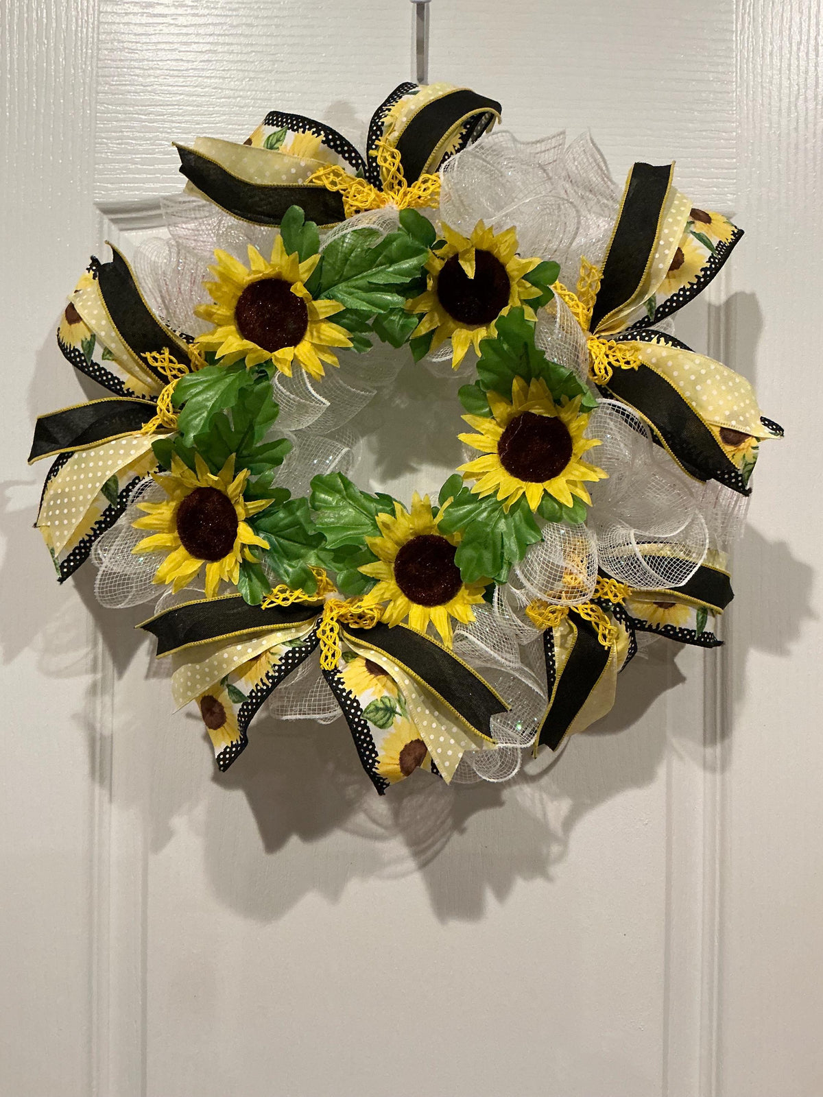 Sunflower Wreath, 12 Inch Black Yellow Polka Dot Bow on White Mesh