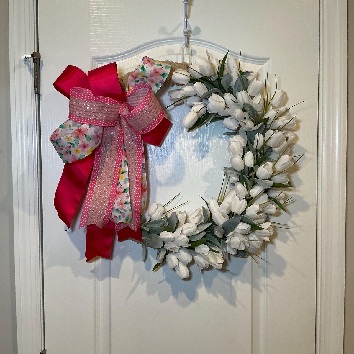 Front Door Wreath, White Tulip Design, Pink Bow Farmhouse Wreath, Floral Decor, Housewarming Gift, Handmade