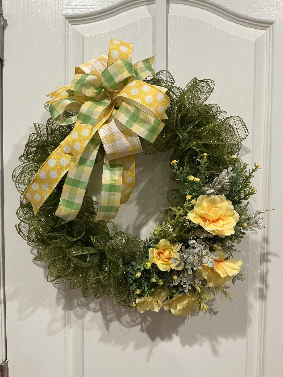 Green Yellow Floral Space Saver Wreath for Storm Door, Handmade Spring Decor