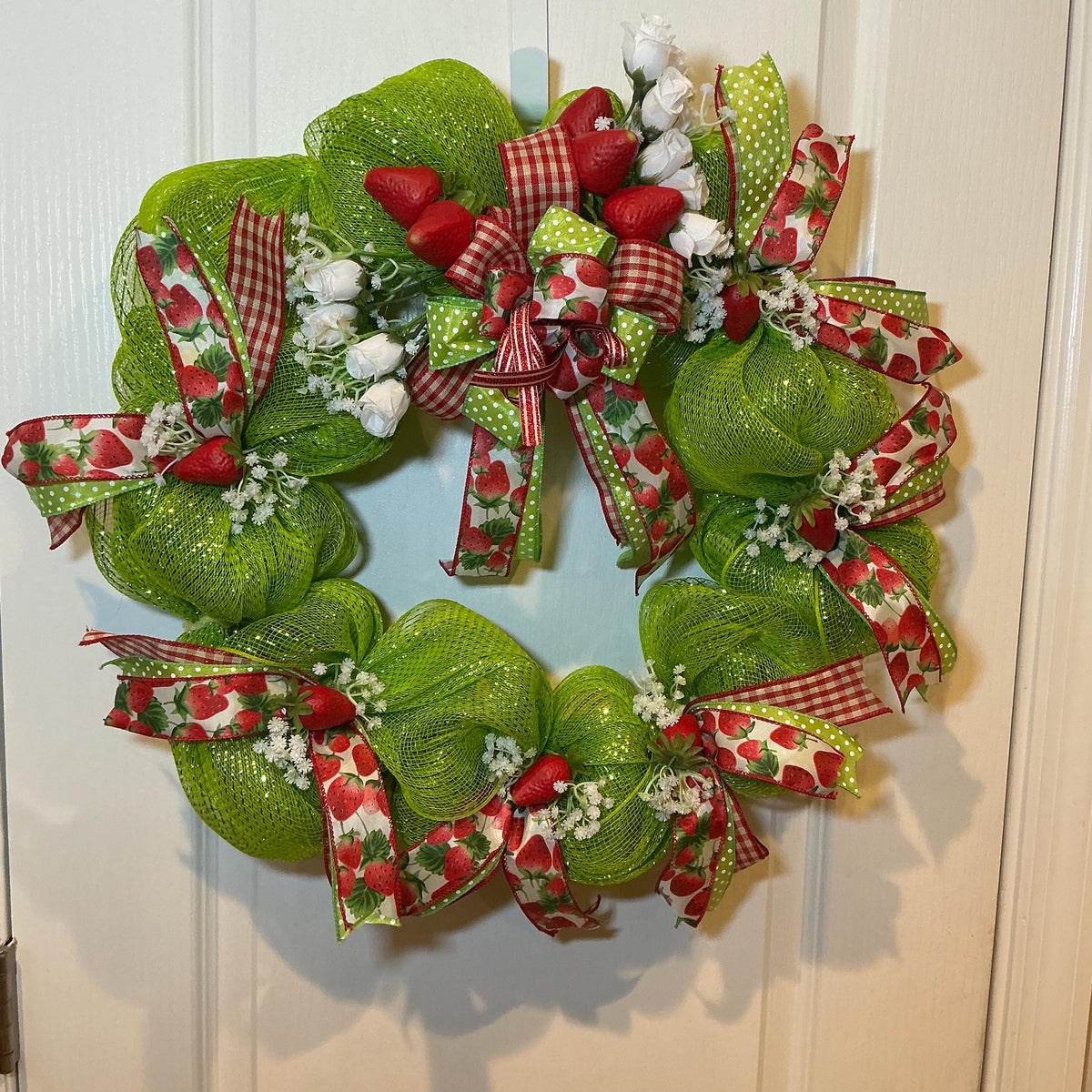 Strawberry Deco Mesh Wreath, Lime Green Front Door,  Berry Decor, Red Gingham