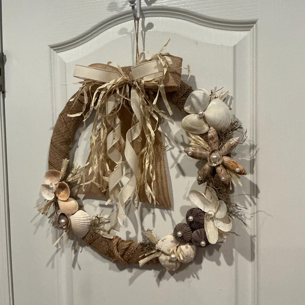Seashell Wreath, Coastal Farmhouse Style, Pearl Accents, Burlap Raffia Door Decor