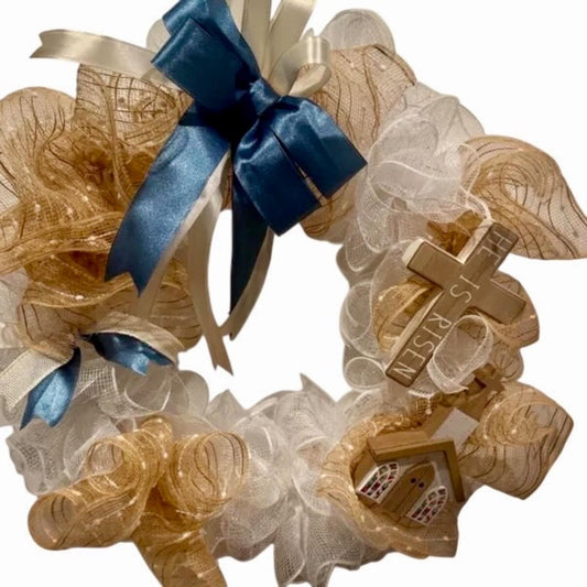 14 Inch Blue Ribbon Cross Wreath with Buffalo Check Bow, Christian Front Door Decor