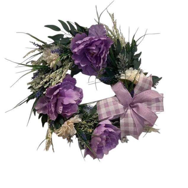 Lavender Peony Wreath, Farmhouse Floral Door Decor, Buffalo Plaid Bow