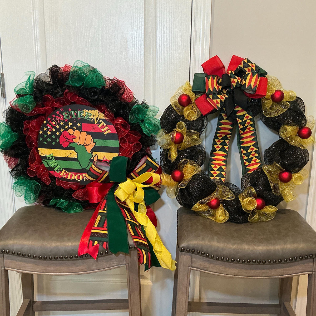 Juneteenth Bundle Set of 2, Freedom Day Sign Wreath and Kente Gold Wreath, Pan African Decor, Handmade Gift