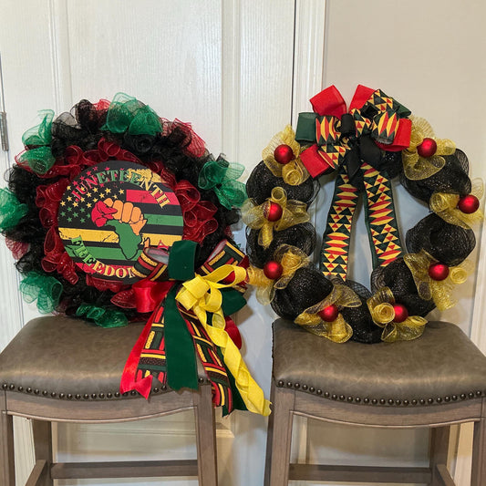 Juneteenth Bundle Set of 2, Freedom Day Sign Wreath and Kente Gold Wreath, Pan African Decor, Handmade Gift
