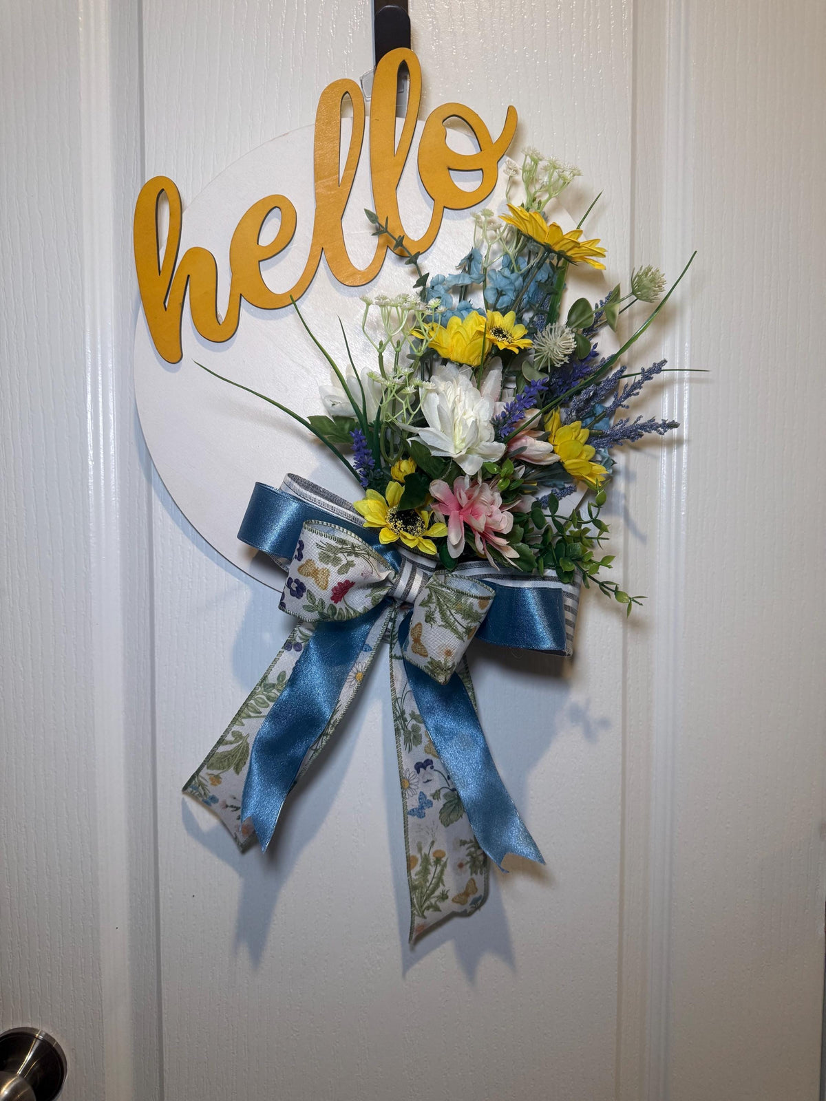 Blue Yellow White Hello Spring Floral Wreath with Handmade Bow, Front Door Decor