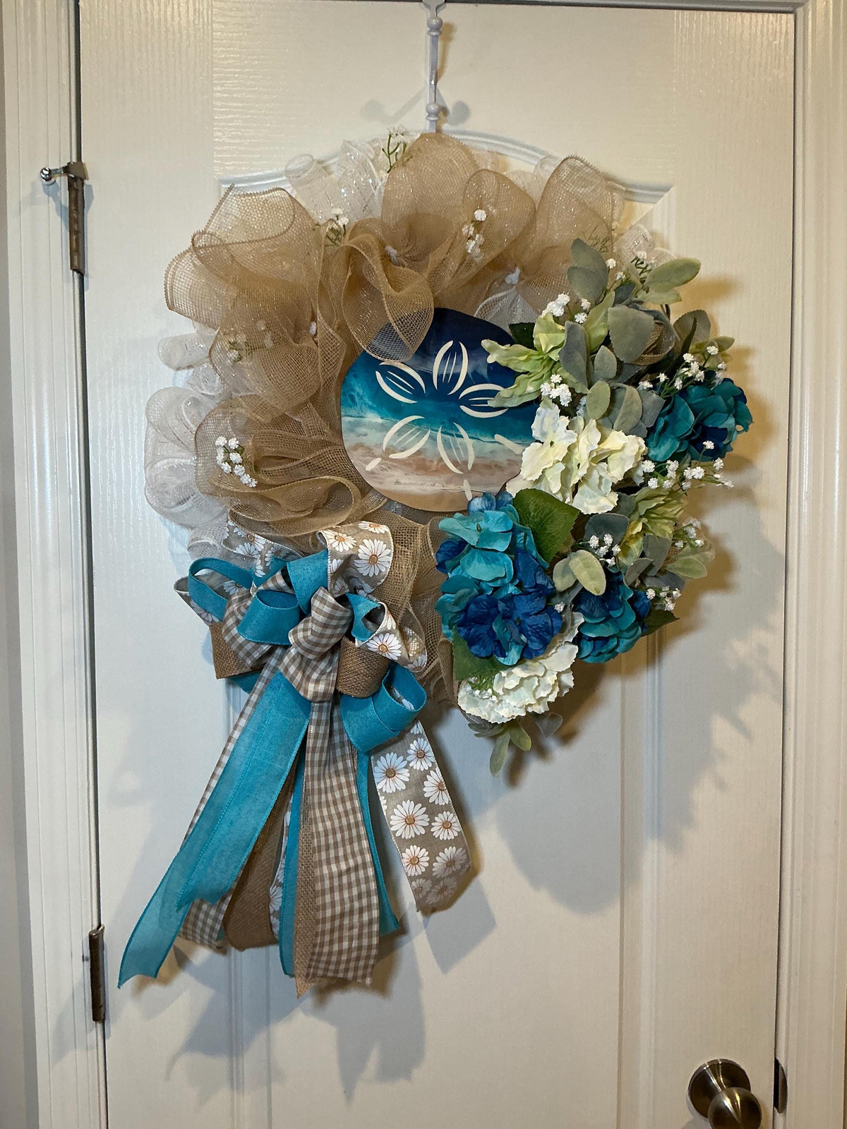 Coastal Sand Dollar Wreath, Blue Teal Hydrangea Beach Decor, Lambs Ear Summer Wreath