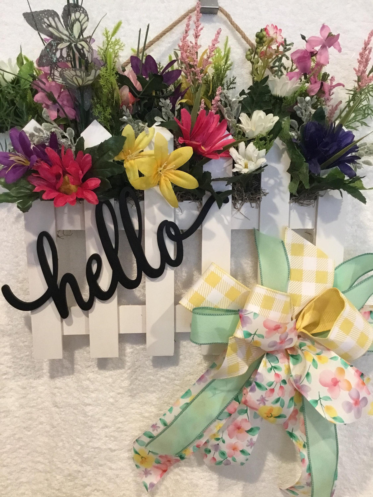 Hello Spring Picket Fence Door Hanger with Florals and Gingham Bow