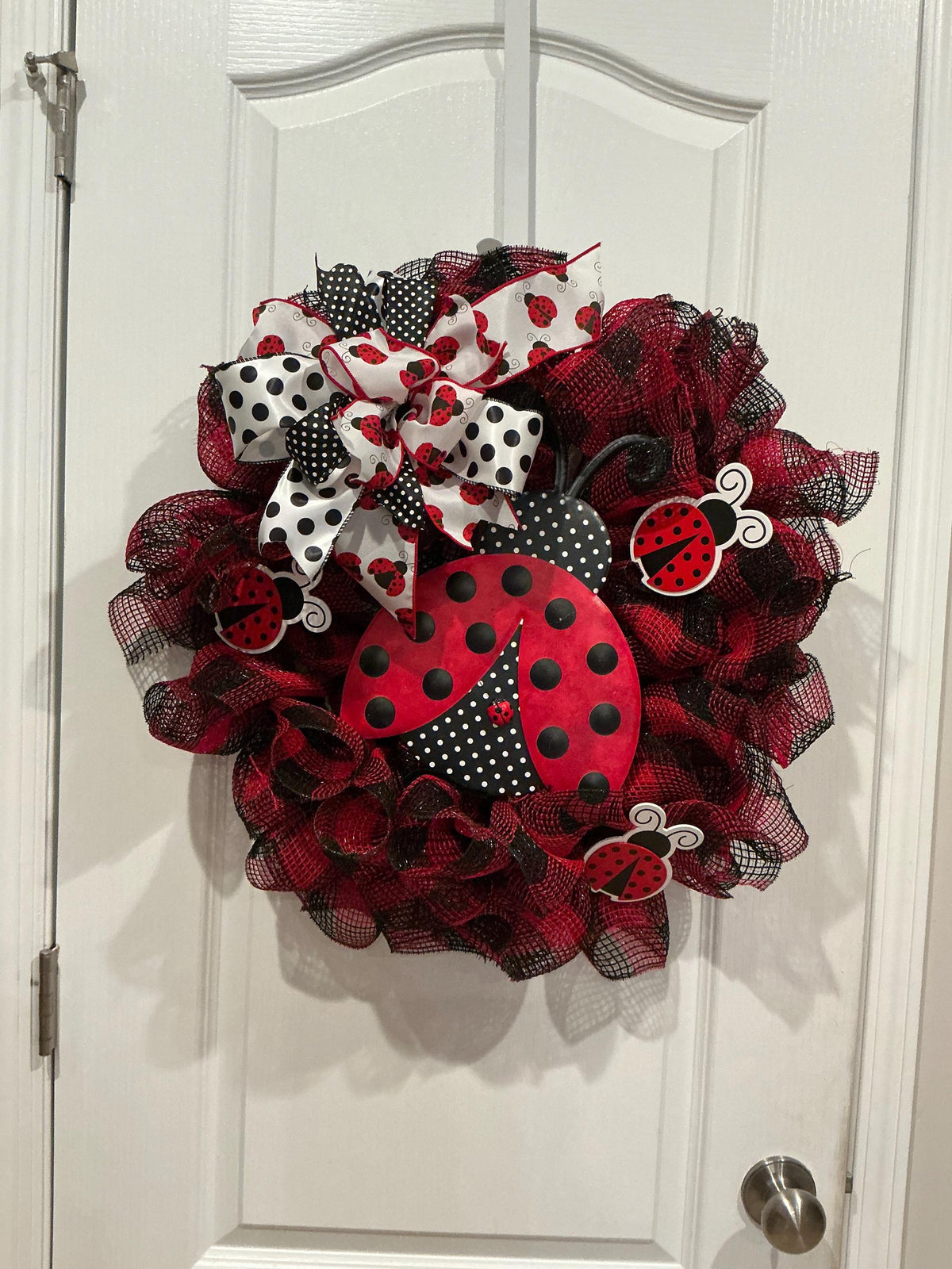Ladybug Wreath, Red Black Buffalo Plaid, Front Door Whimsical Decor, Handmade Spring Wreath