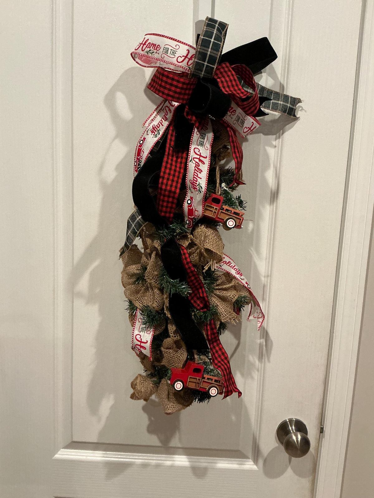 Farmhouse Christmas Swag, Burlap Red Truck, Buffalo Plaid Door Decor