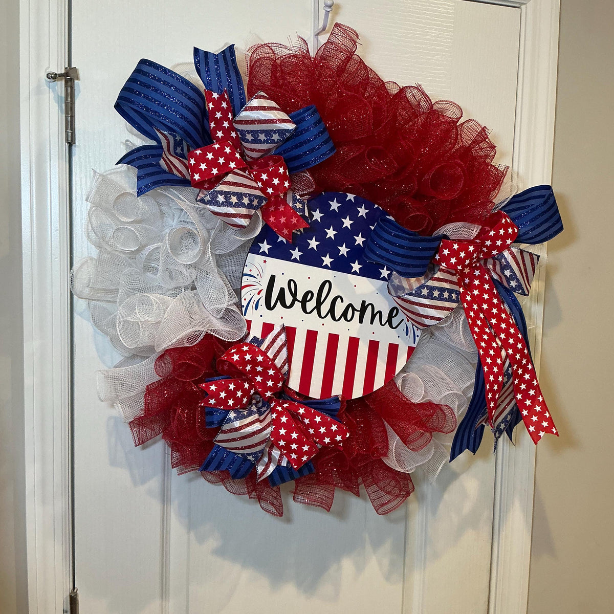 Handmade Americana Wreath, Red White Blue Welcome Sign, Independence Day Decor