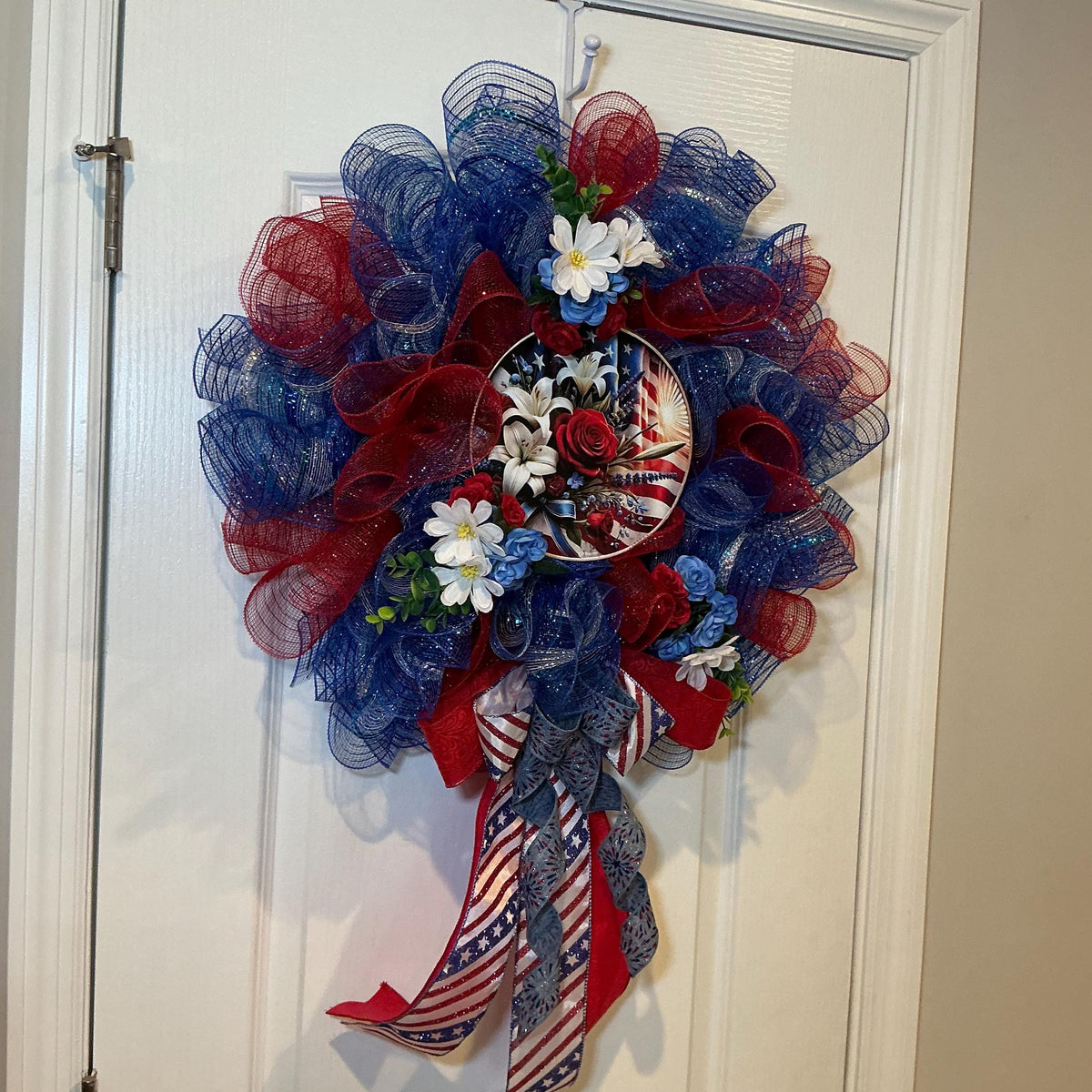 16 Inch Patriotic Floral Flag Wreath with Roses, Hydrangeas and Stars Stripes Bow