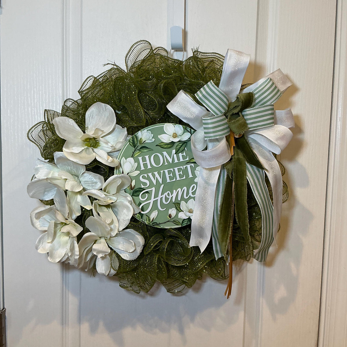 14 Inch White Magnolia Home Sweet Home Wreath, Farmhouse Front Door Decor