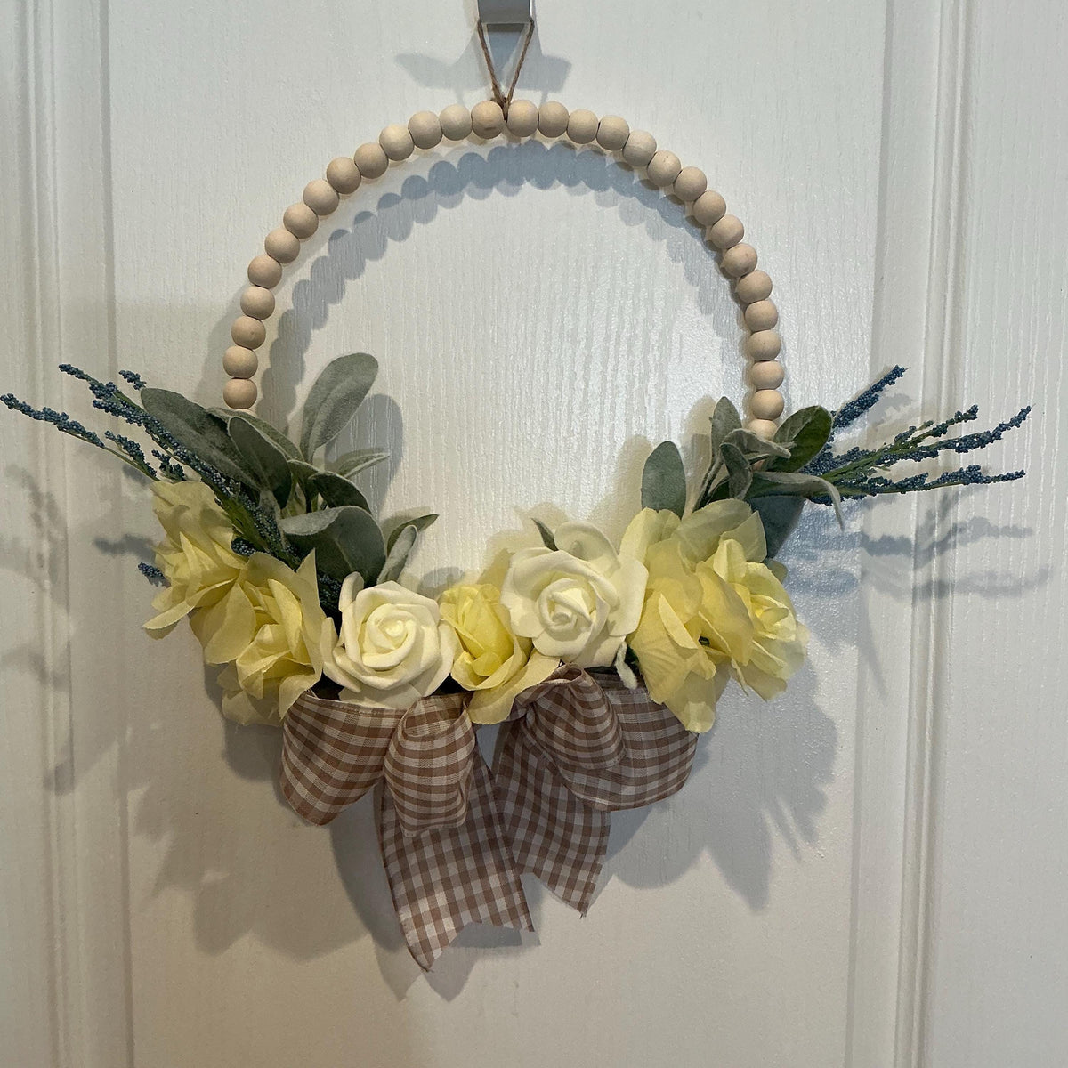 Handmade Yellow Rose Lambs Ear Wreath, Wooden Bead Ring, Spring Floral Decor