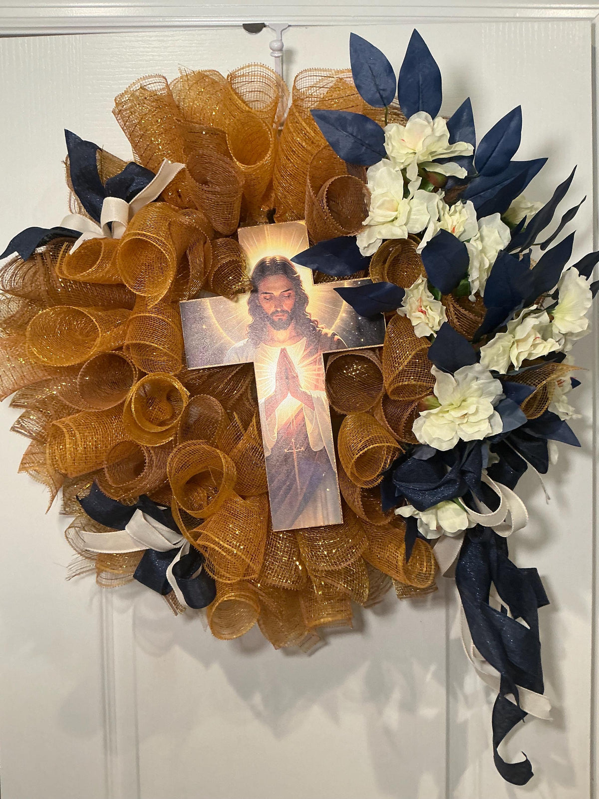 Sacred Heart of Jesus Wreath, Gold Mesh Cross Wreath, Navy Blue Religious Front Door Decor, Christian Faith Wreath, Catholic Gift Wreath
