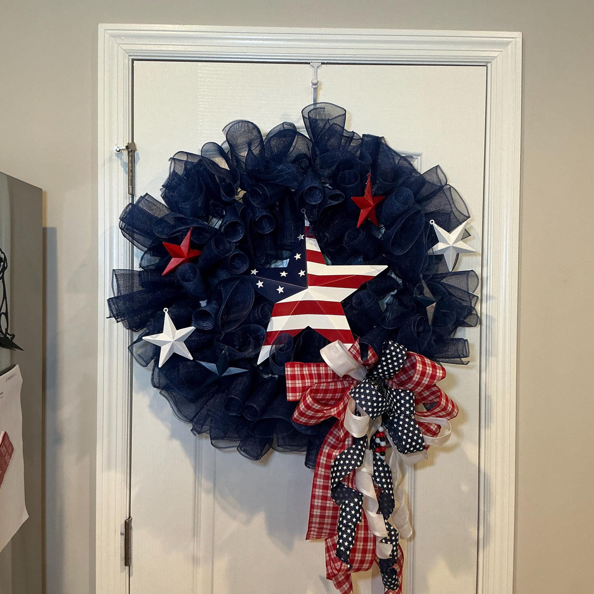 Navy Blue Americana Wreath, 4th of July Wreath for Front Door, Flag Star Sign, Metal Stars, Red Gingham Bow