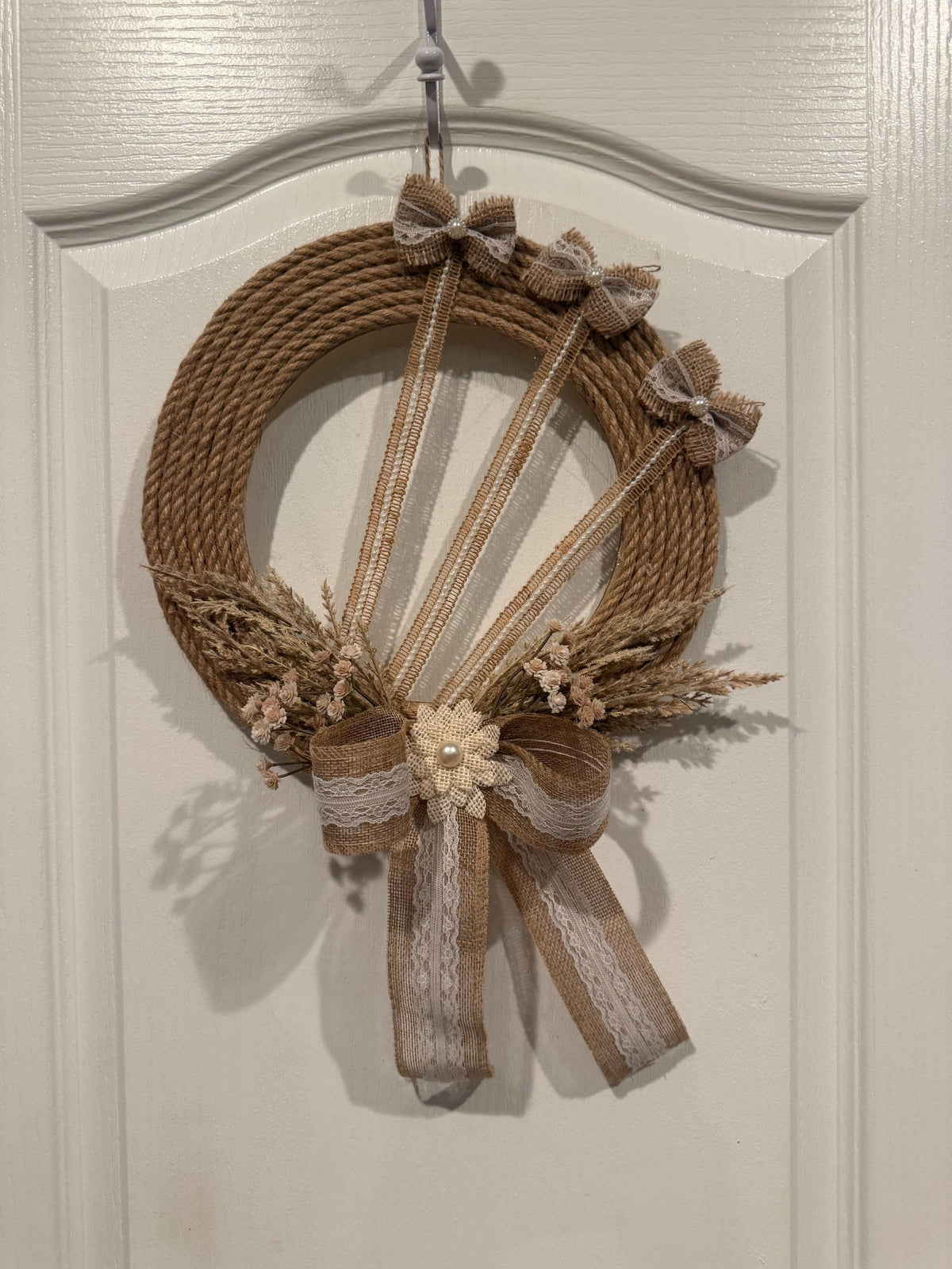 Farmhouse Rope Wreath with Burlap Lace Bow, Dried Wheat and Pearl Accent