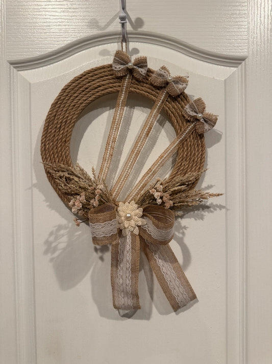 Farmhouse Rope Wreath with Burlap Lace Bow, Dried Wheat and Pearl Accent