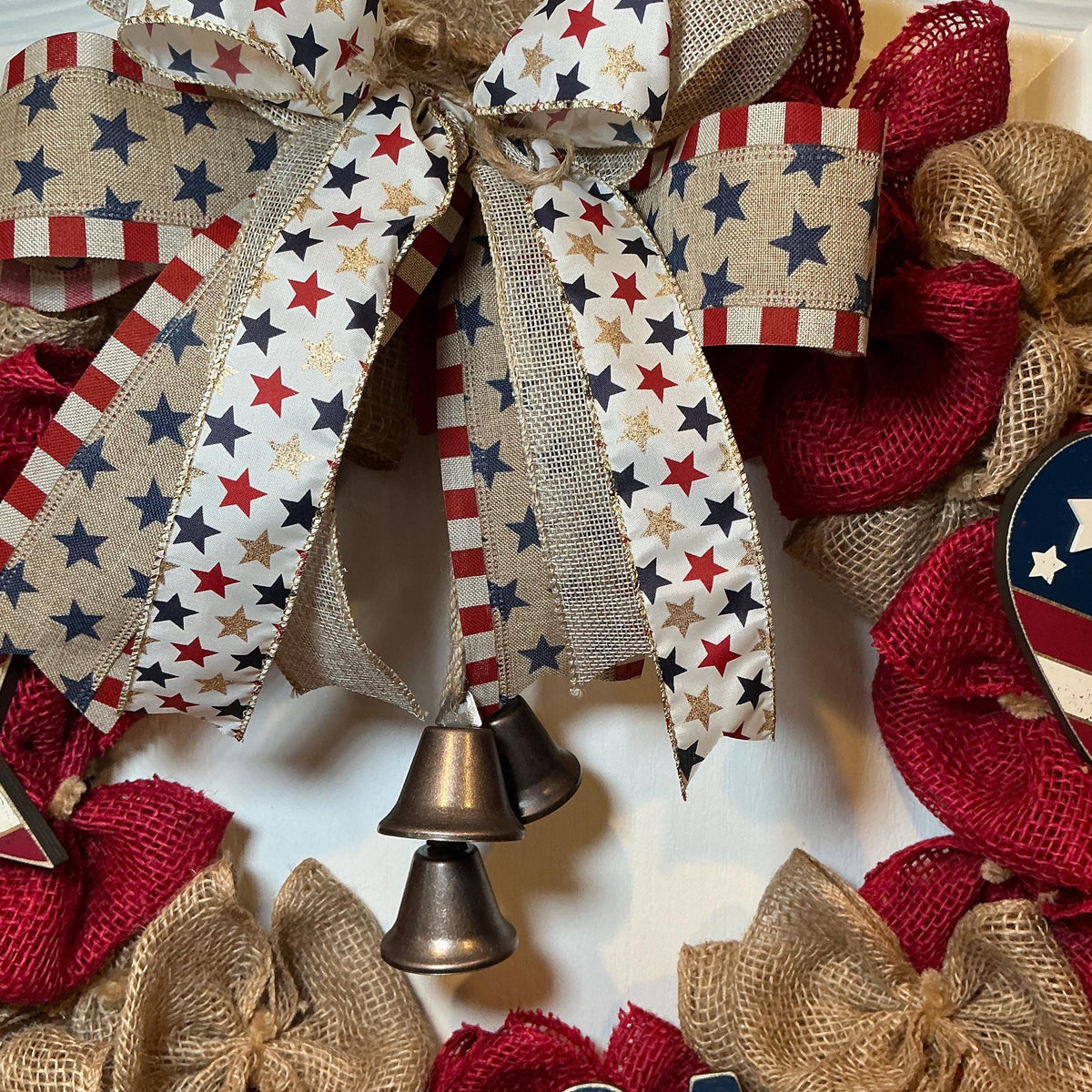 Rustic Burlap Bell Wreath, Star Heart Americana Decor, USA 250th Anniversary Red White Blue