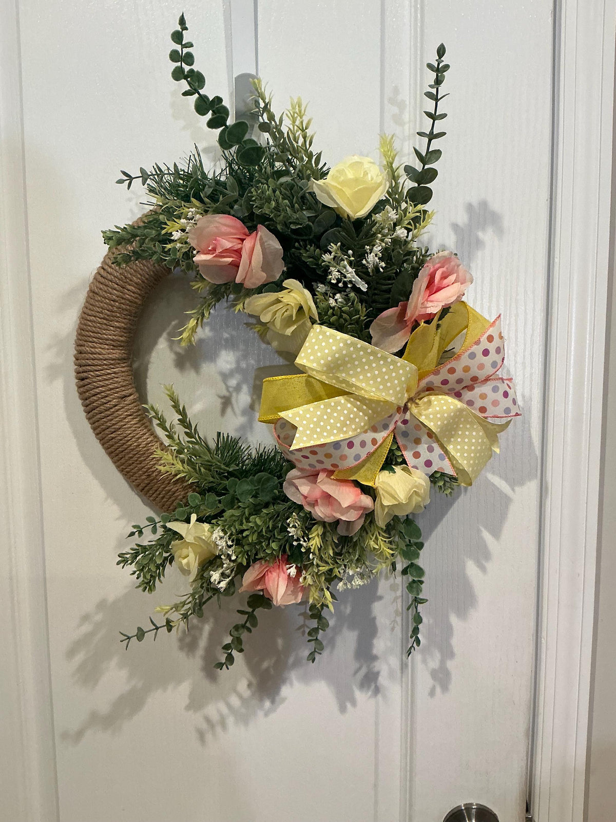 Handcrafted Jute Rope Wreath, Spring Peach Roses, Eucalyptus Greenery, Polka Dot Bow