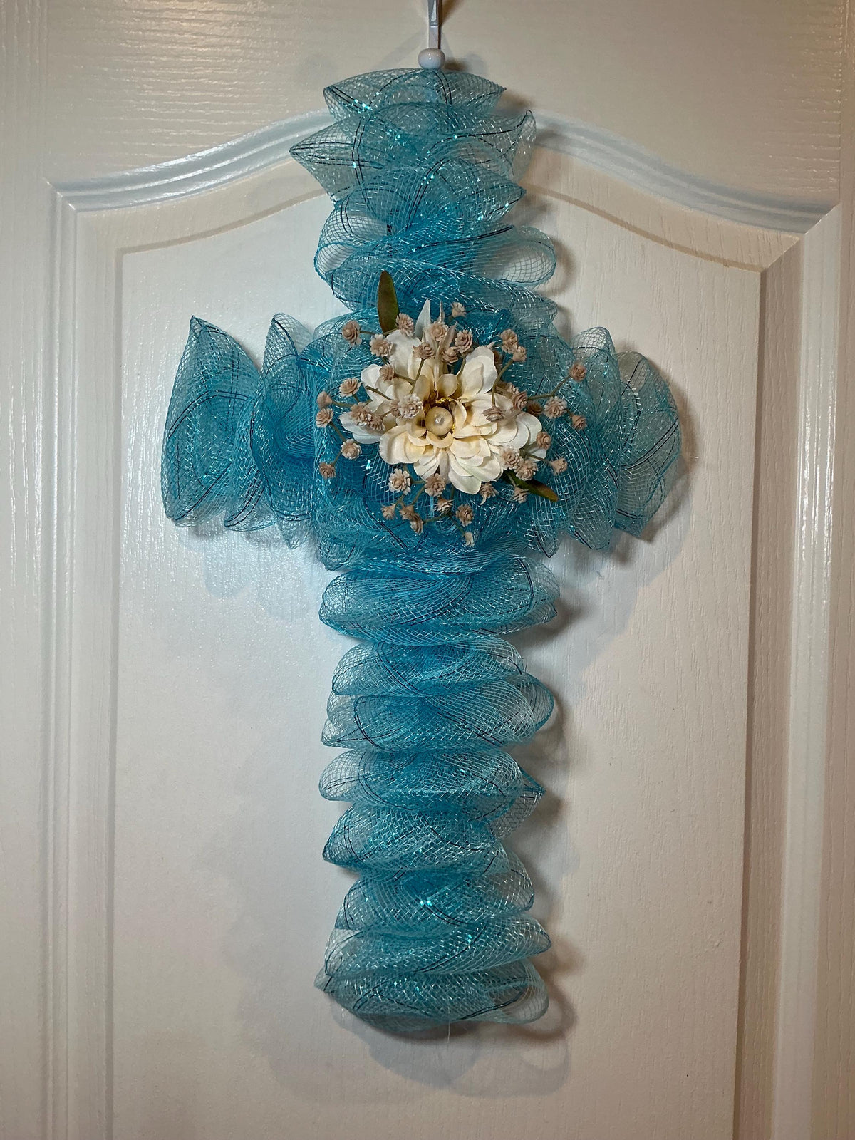 Sky Blue Cross, Ivory Floral Faith Decor, Handmade Church Door Wall Hanging