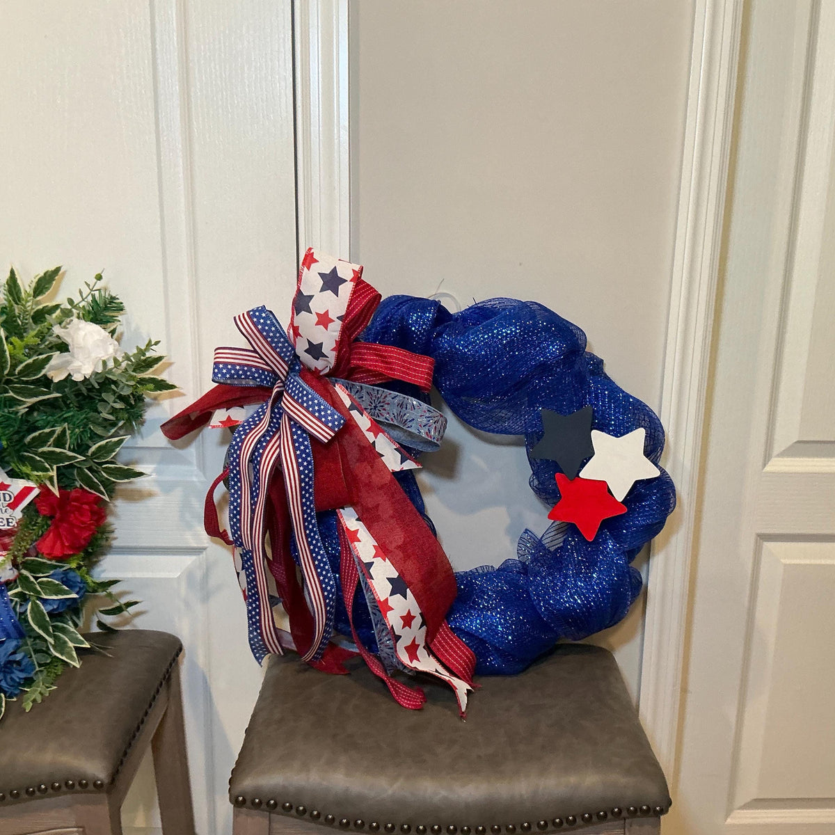 Americana Bundle Set of 2, Land of the Free Americana Swag and Blue Star Wreath, Fourth of July Decor, Red White Blue Handmade Gift