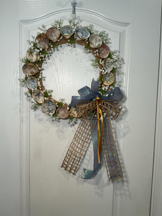 14 Inch Coastal Seashell Wreath with Starfish and Burlap on Metal Frame