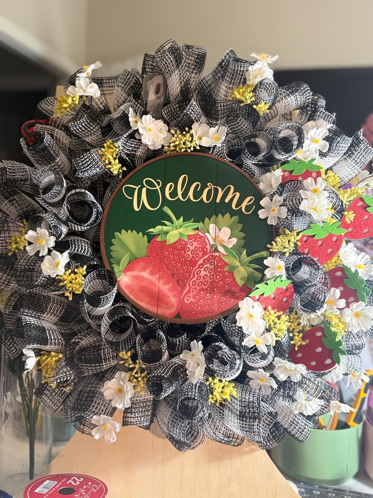 Strawberry Welcome Wreath with Buffalo Check Mesh, Storm Door Friendly Farmhouse Decor