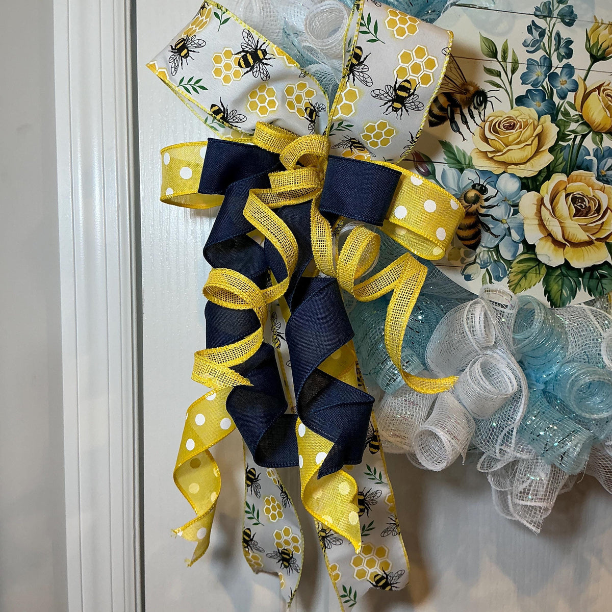 Bee Wreath for Front Door, Honeybee Floral Sign, Yellow Blue Summer Decor, Handmade
