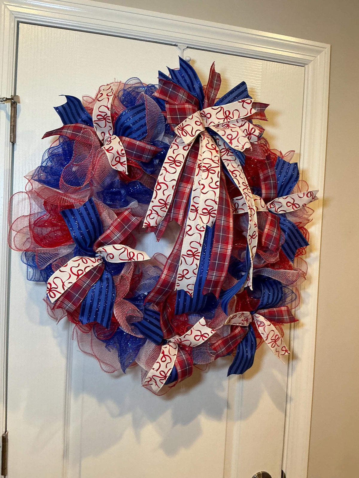 Red White Blue USA Wreath, Deco Mesh Fourth of July Front Door Decor, Americana Ribbon Bow