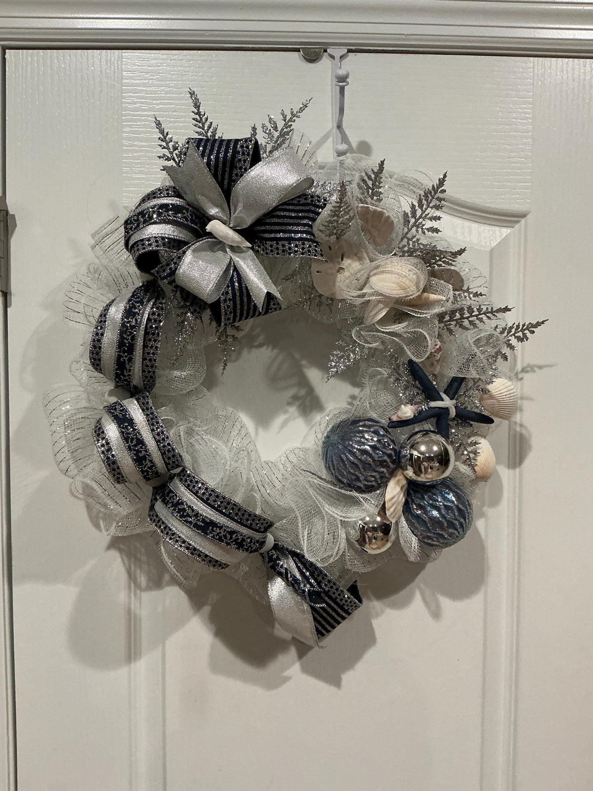 Navy Silver Coastal Christmas Wreath with Seashells and Starfish, Space Saver Door Decor