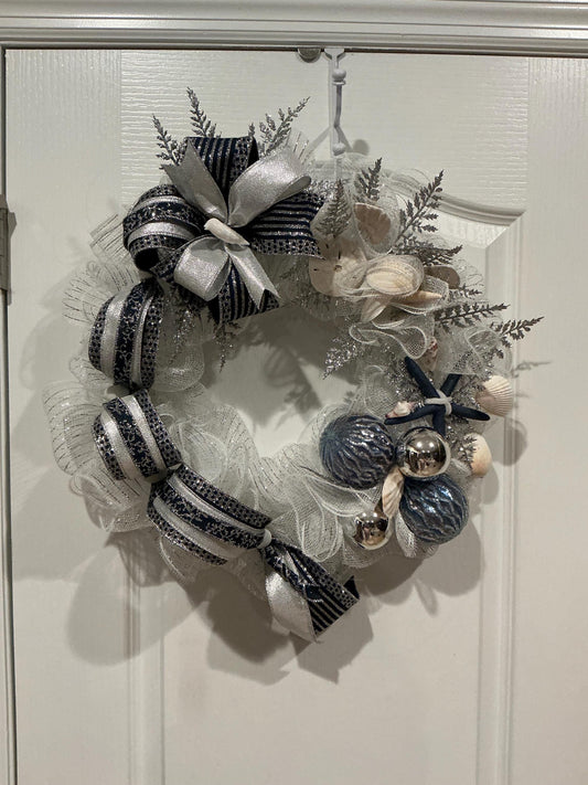 Navy Silver Coastal Christmas Wreath with Seashells and Starfish, Space Saver Door Decor