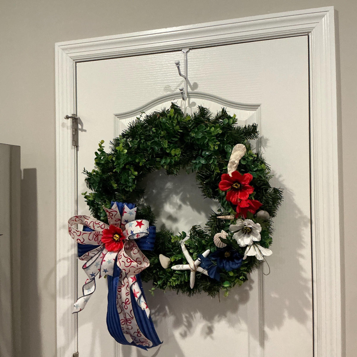 Coastal Americana Wreath, Starfish Boxwood Patriotic Door Decor, Fourth of July Beach Accent