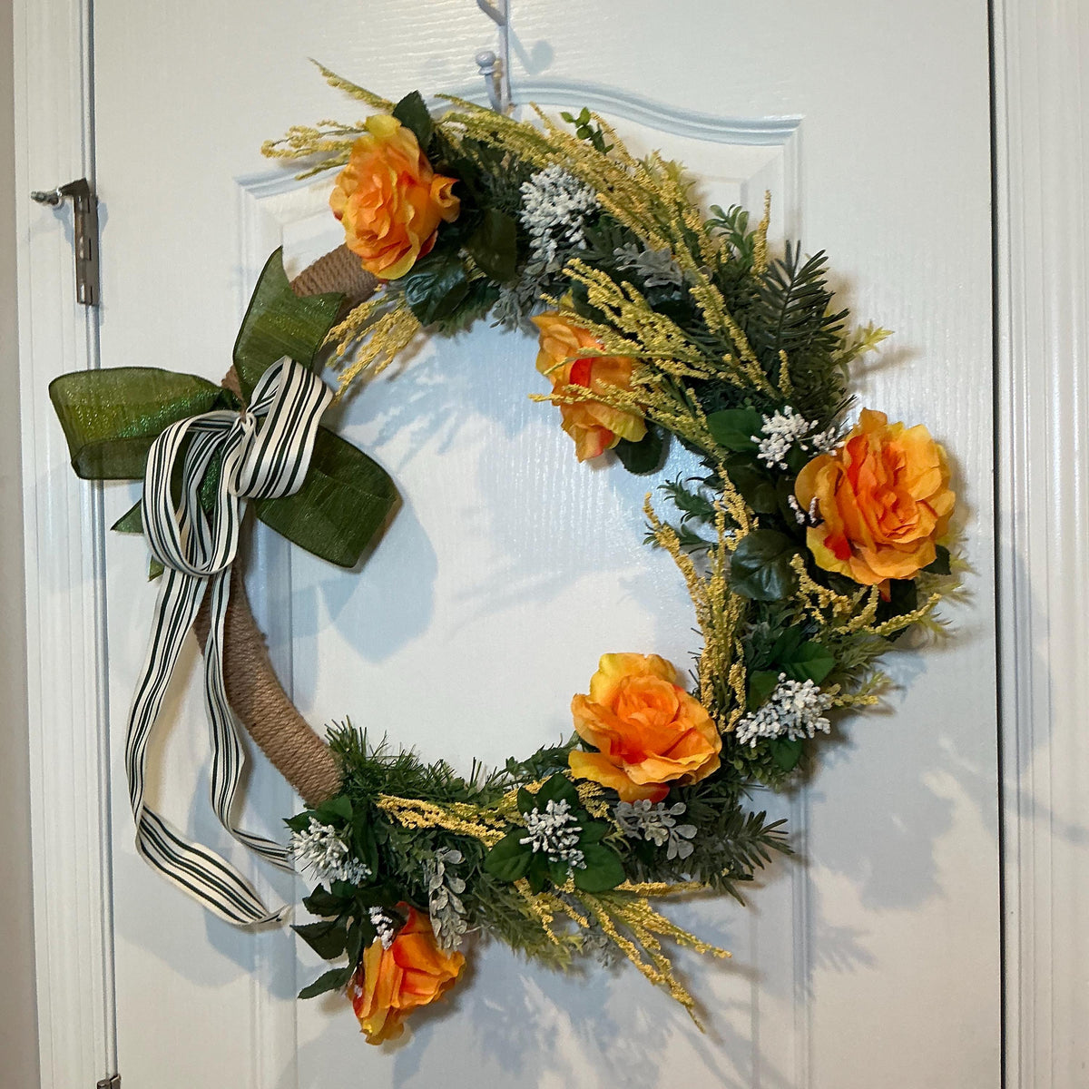 Farmhouse Spring Wreath, Orange Floral, Wheat Accent, Black White Bow