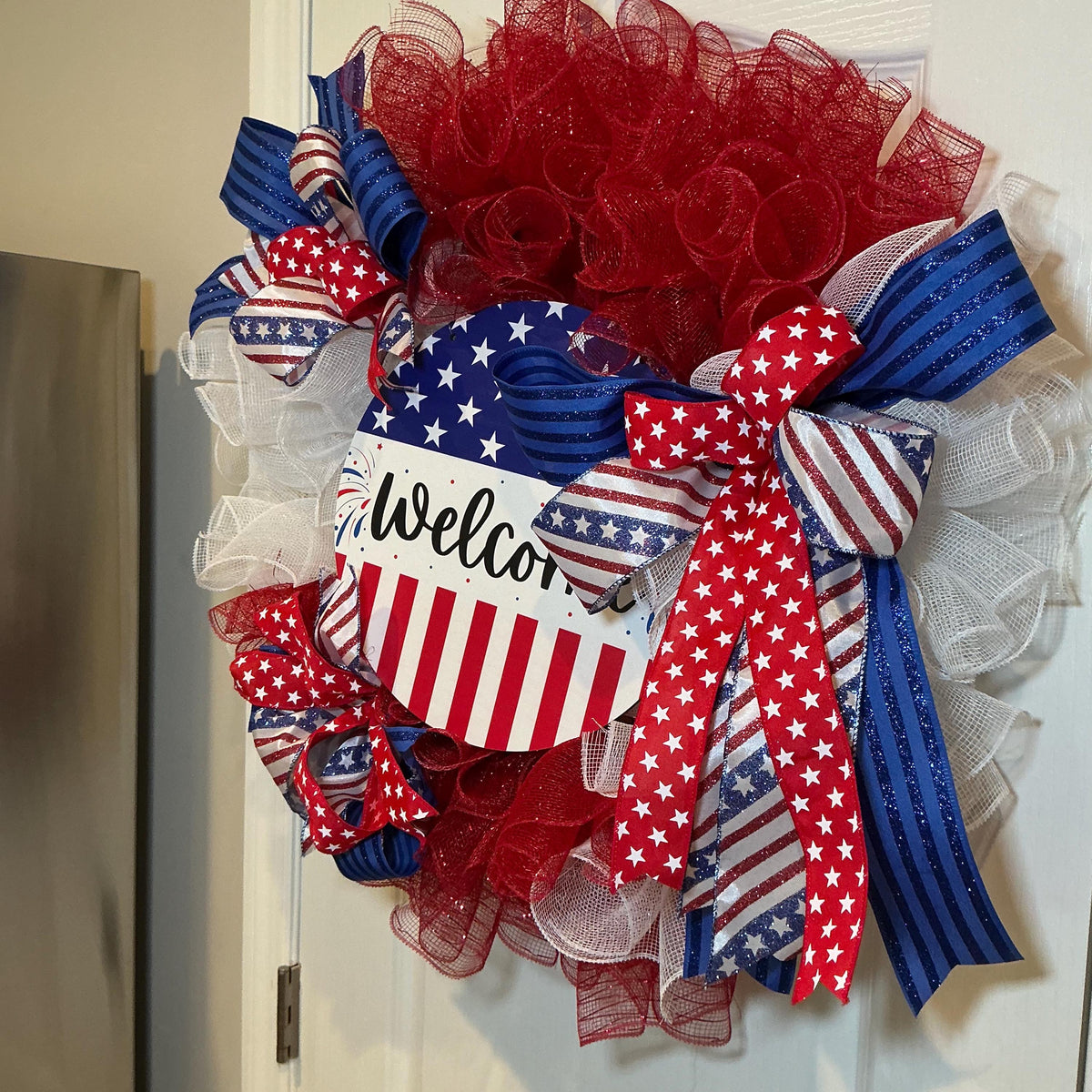 Handmade Americana Wreath, Red White Blue Welcome Sign, Independence Day Decor