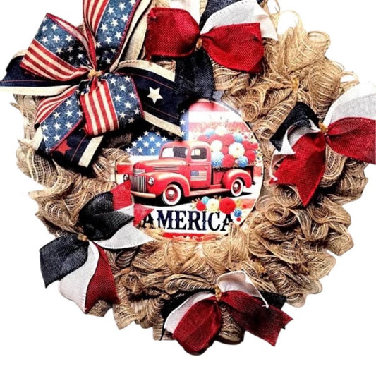 Burlap Red Truck Wreath, Americana Farmhouse Decor, Fourth of July Floral Accent