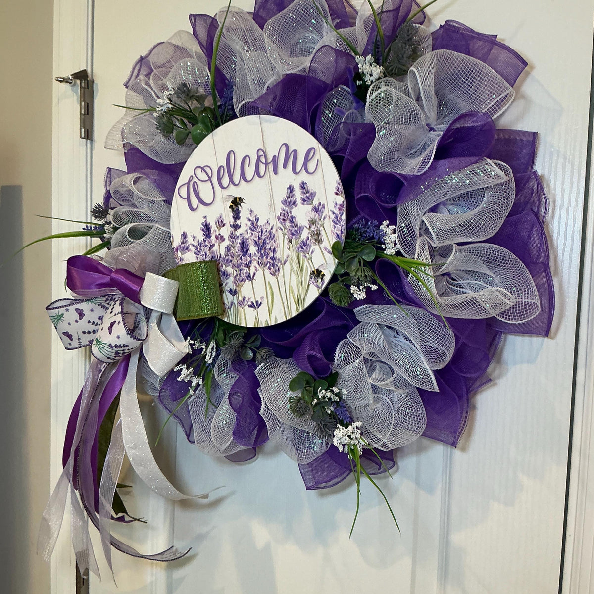 Lavender Wreath, Purple Bee Garden Decor, Designer Pearl Bow, Spring Front Door Wreath