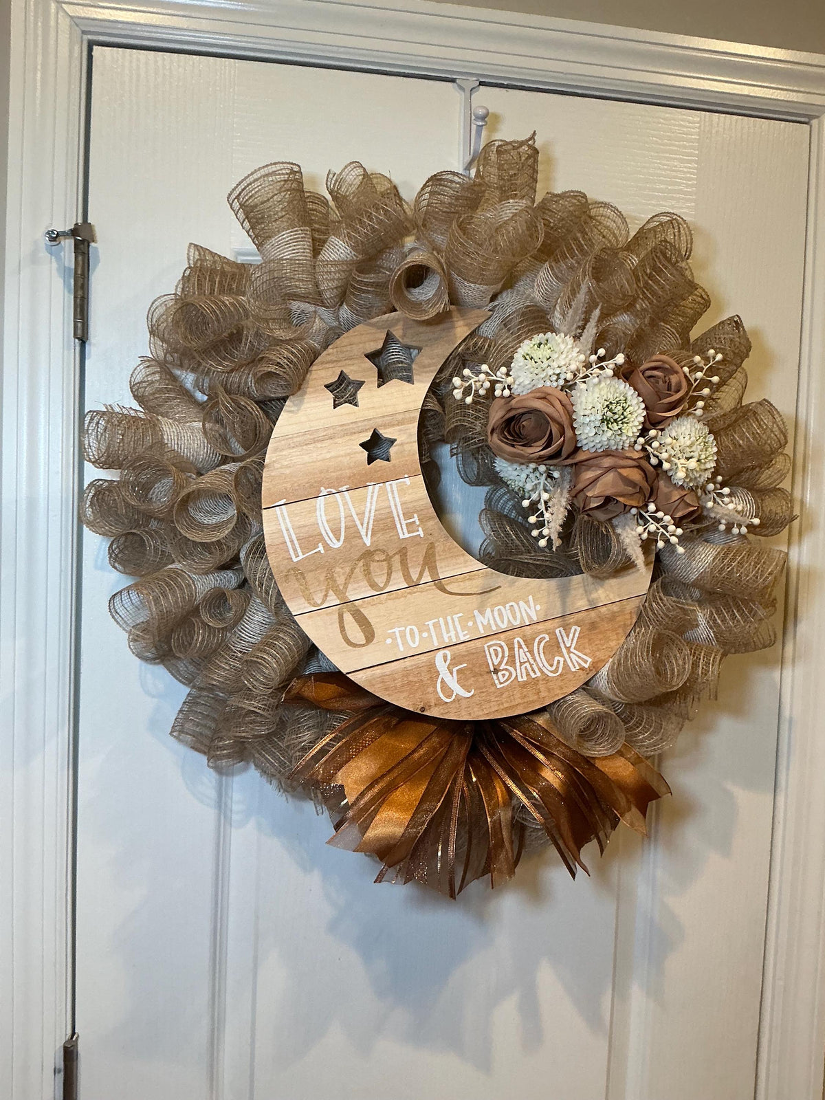 Love You to the Moon Wreath, Farmhouse Front Door Wreath, Burlap Wreath, Caramel Rose Wreath, Wood Moon Sign, Romantic Home Decor