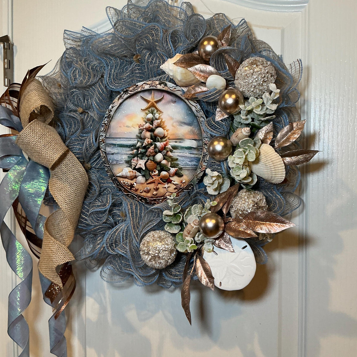 14 Inch Coastal Christmas Wreath with Nautical Seashell Tree, Blue Gold Beach Decor