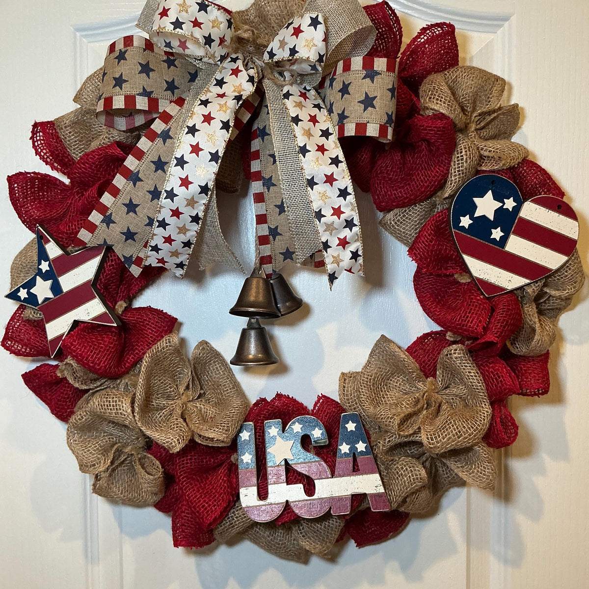 Rustic Burlap Bell Wreath, Star Heart Americana Decor, USA 250th Anniversary Red White Blue