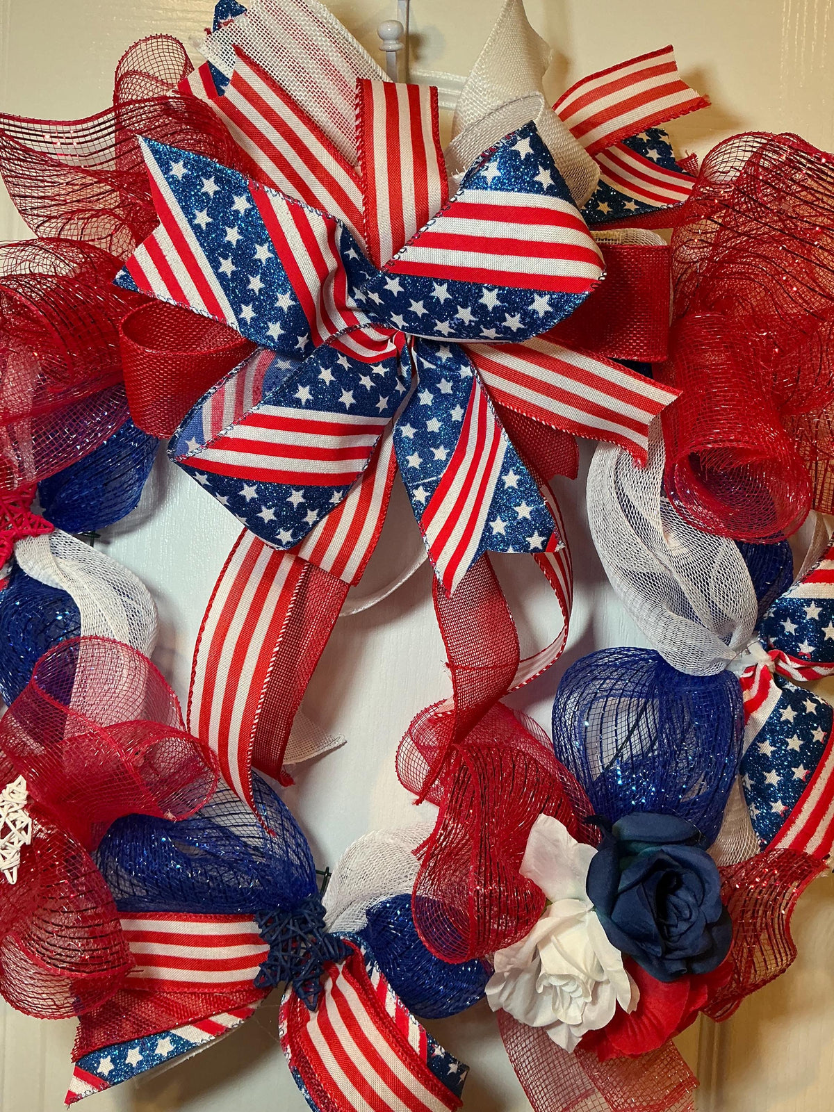 Red White Blue Flag Bow Rose Wreath, Stars and Stripes Americana Door Decor