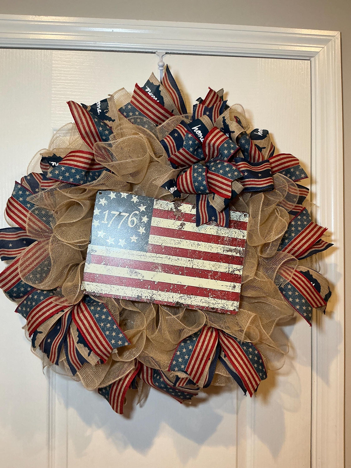 Betsy Ross Flag Wreath, Burlap Front Door Decor, Fourth of July Red White Blue, Memorial Day, Rustic Farmhouse Decor, Handmade NC