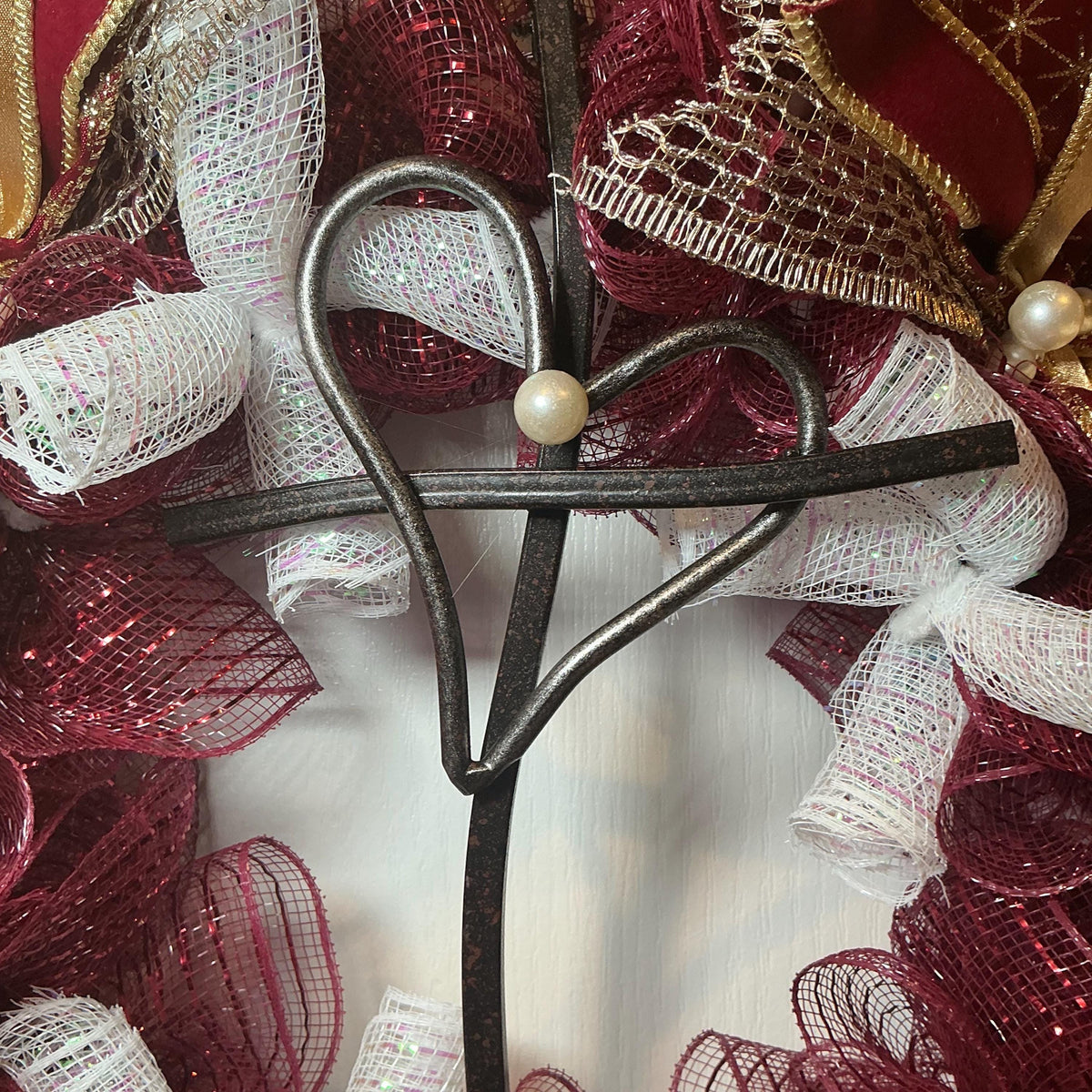 Burgundy Cross Wreath, Heart Cross Religious Accent, Christian Home Decor, Church Wall Hanging, Cranberry Gold Faith Wreath