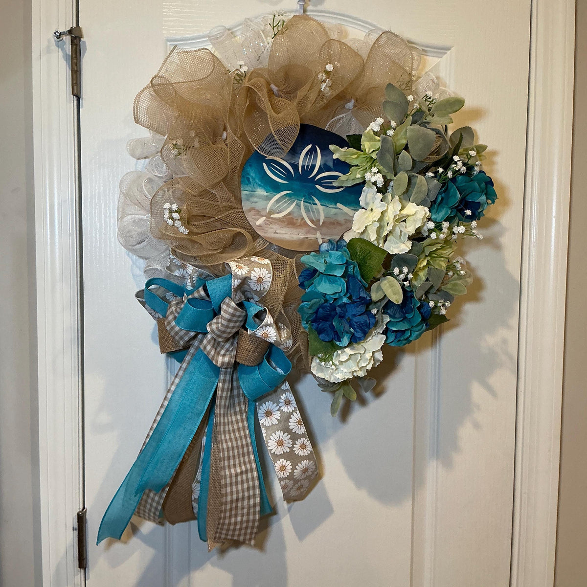 Coastal Sand Dollar Wreath, Blue Teal Hydrangea Beach Decor, Lambs Ear Summer Wreath
