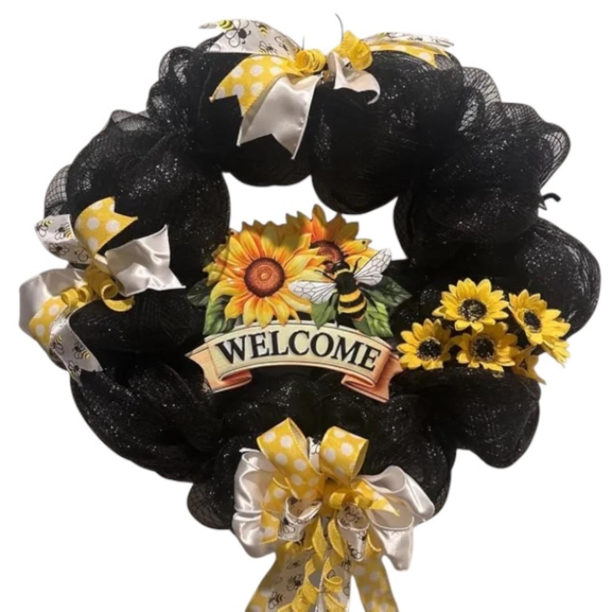 Sunflower Bee Welcome Wreath, Black Deco Mesh Front Door, Bee Decor, Welcome Sign” black mesh, sunflowers, yellow/white bows.