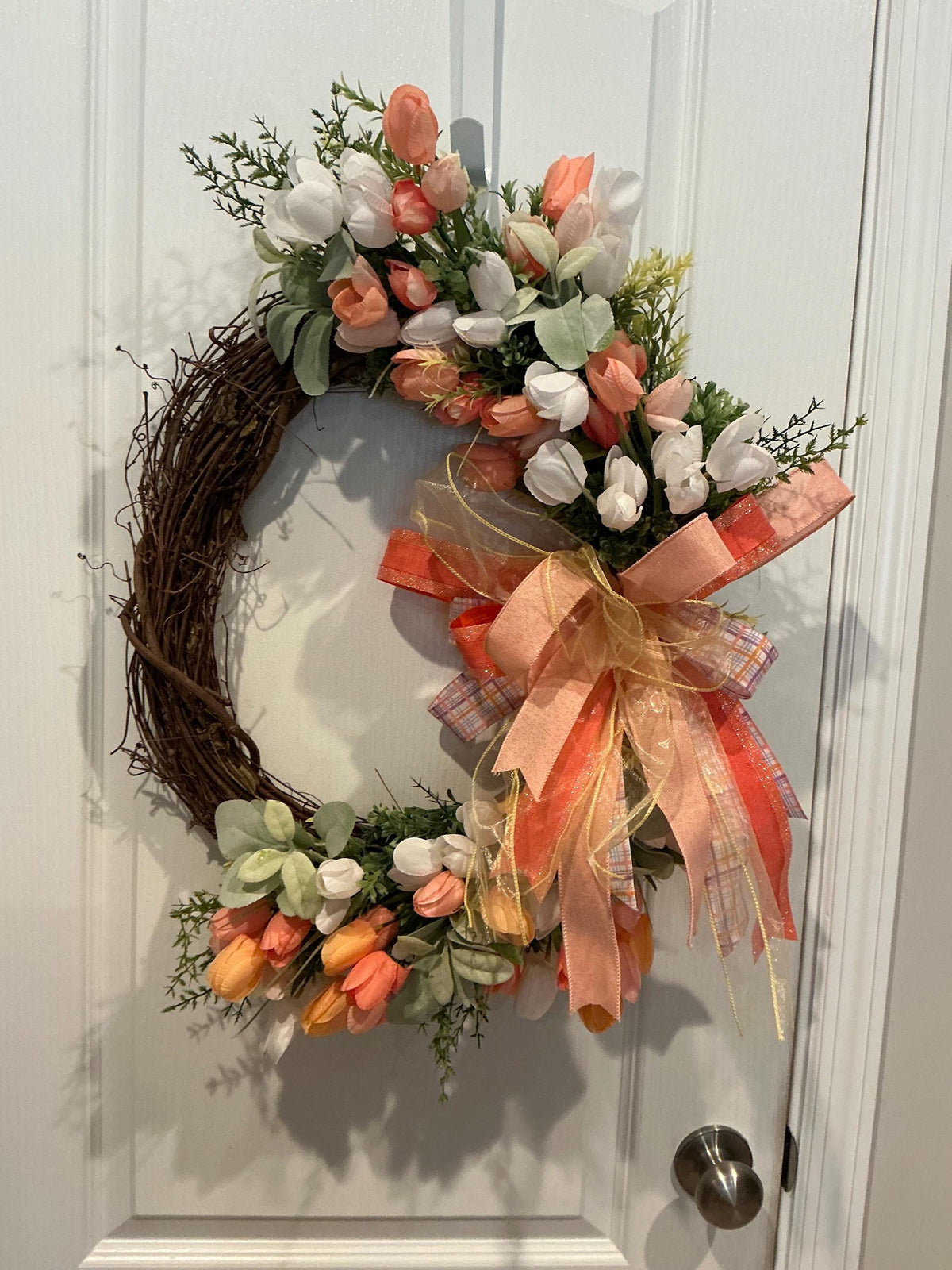 Grapevine Tulip Wreath, Peach Coral Spring Decor, Farmhouse Front Door Accent, Gold Ribbon Bow