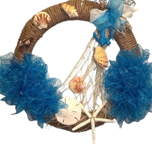 Handcrafted Coastal Wreath with Seashells, Starfish, Anchor – Nautical Beach Decor