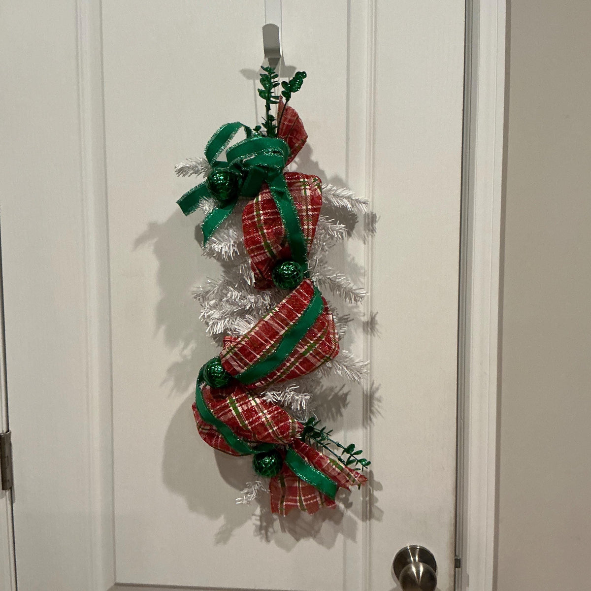 Red Plaid Spiral Christmas Tree Door Swag, Glitter Berry Accents, Green Ribbon Bow