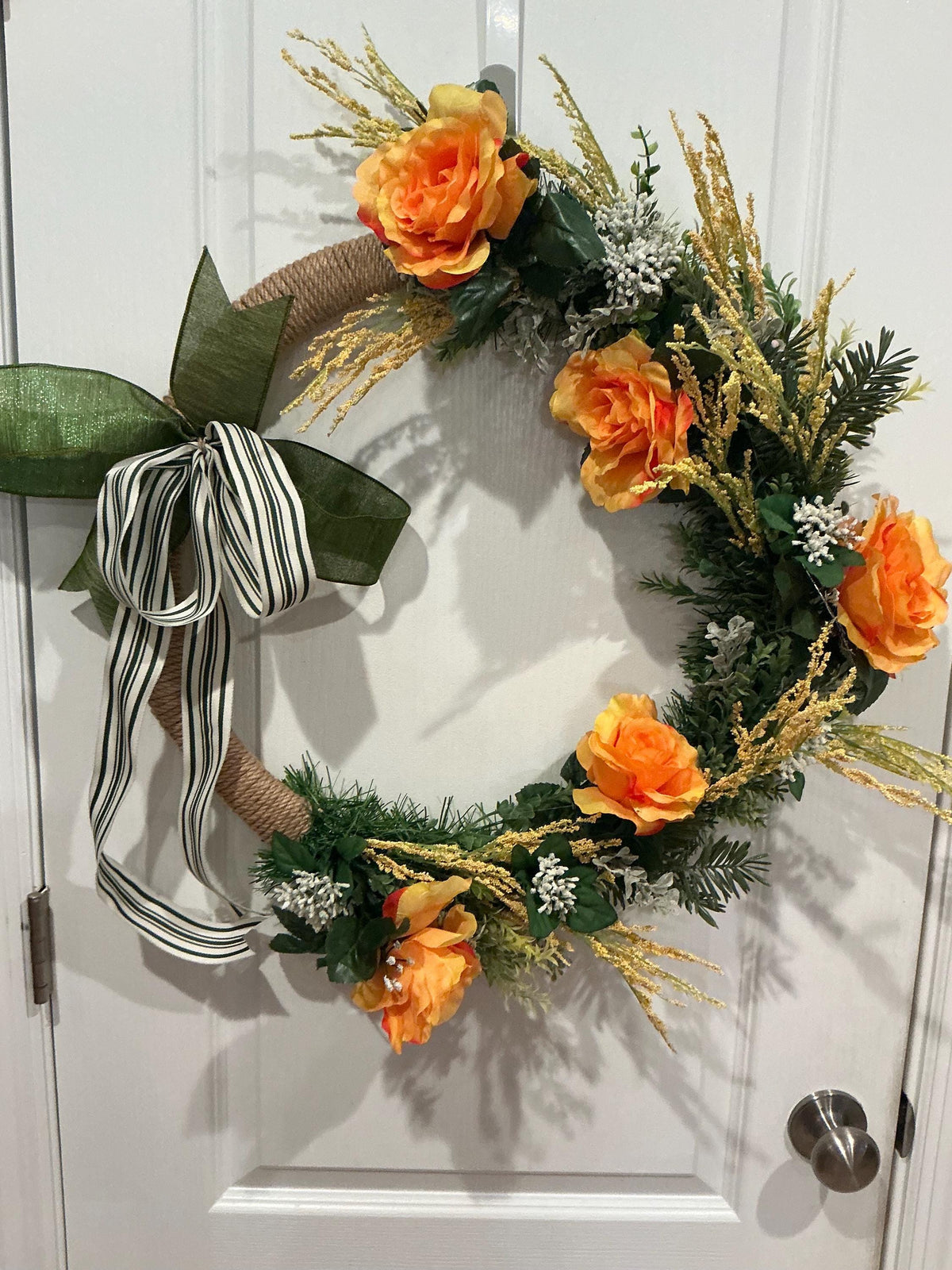 Farmhouse Spring Wreath, Orange Floral, Wheat Accent, Black White Bow