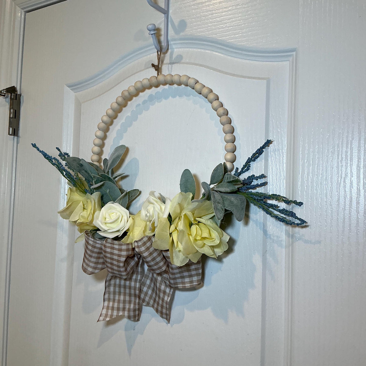 Handmade Yellow Rose Lambs Ear Wreath, Wooden Bead Ring, Spring Floral Decor